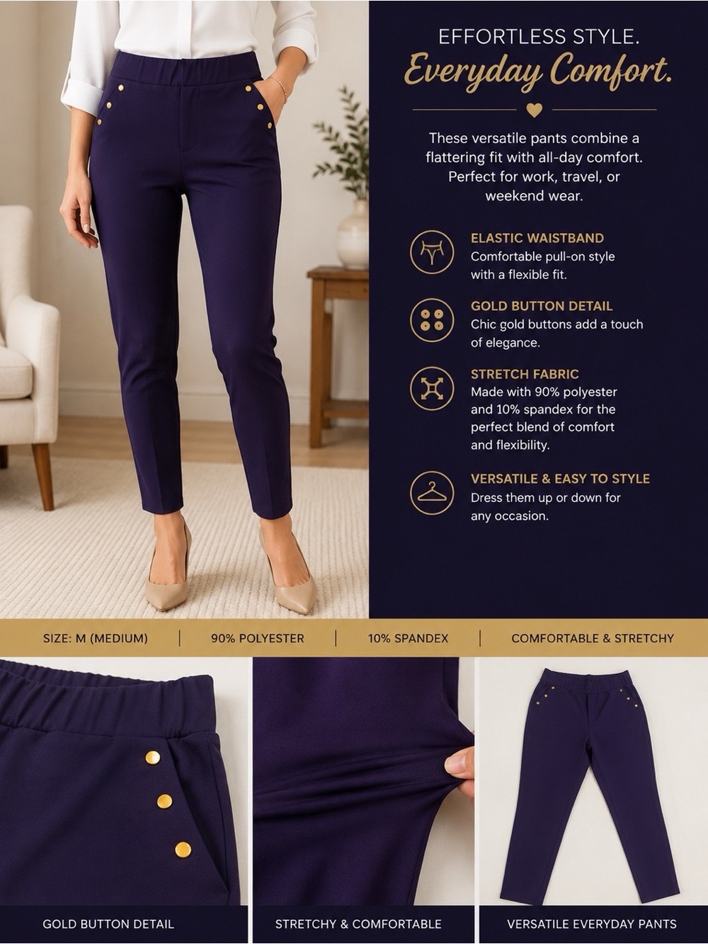 💜 Stylish Pants with Gold Button Detail - Elastic Waist